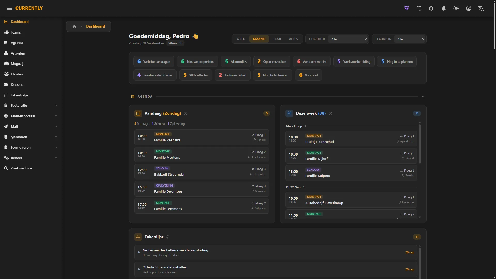 Currently dashboard · the jobs for today, the rest of the week and the open tasks