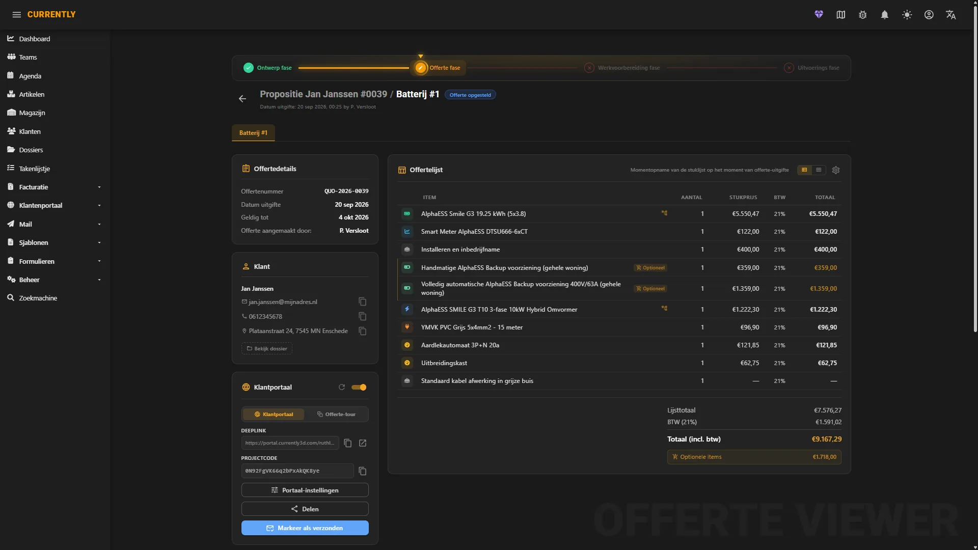 Currently-dashboard · een offerte met de stuklijst en het totaal