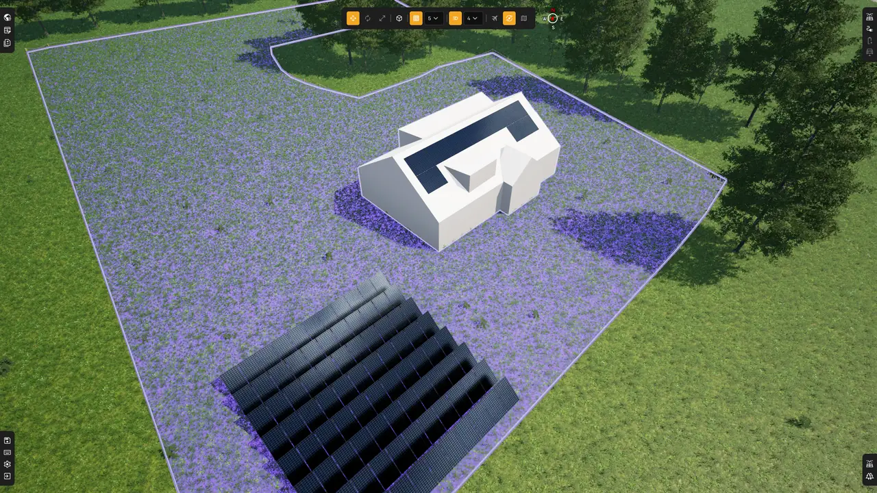 Currently Studio · a farm roof with panels laid around the dormers, and a ground mount beside it